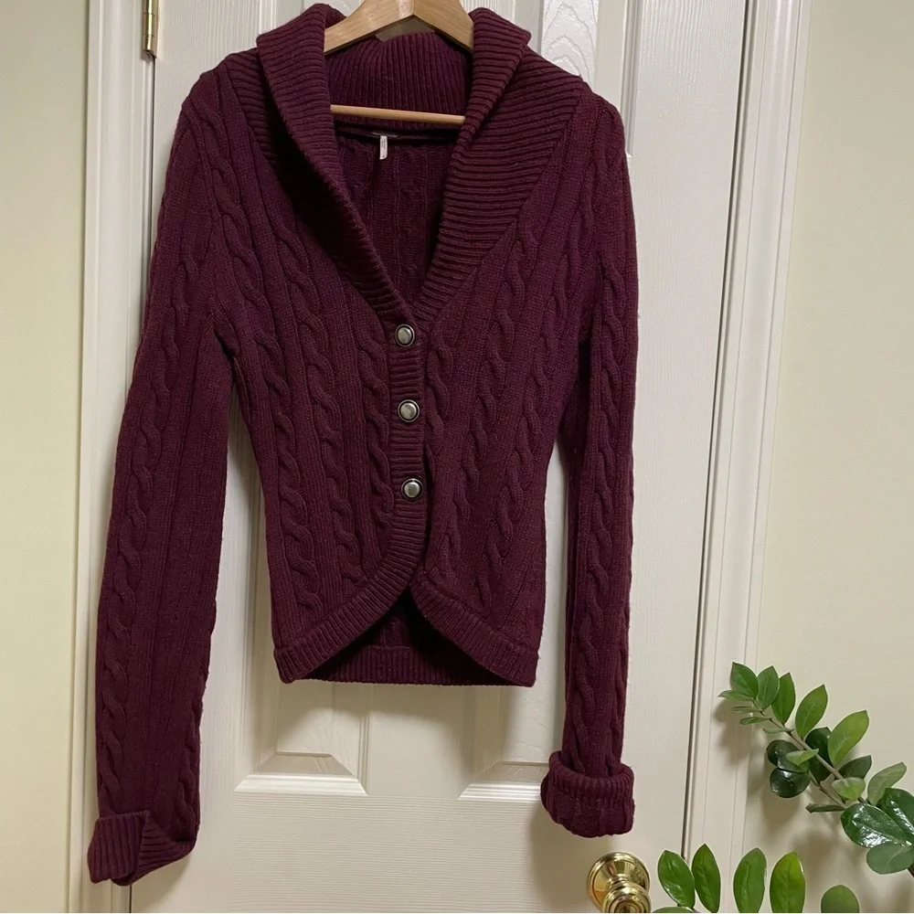Free People OB461242 burgundy Heat Viceroy Short Shawl Collar Fitted Cardigan M